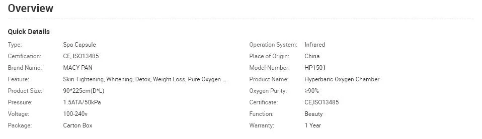 Macy-Pan 1.5ATA Hot Sale Hyperbaric Chamber Rehabilitation Therapy Equipment