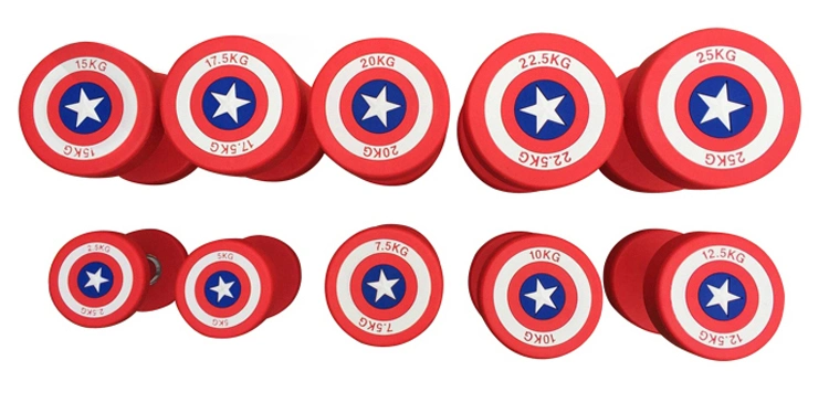 Gym Free Weights Exercise Equipment America Captain PU Fixed Dumbbel/Factory Wholesale Fitness Equipment Captain America Round Rubber Dumbbell